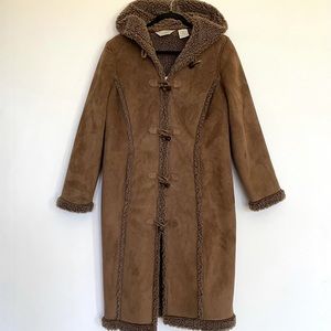 L.L. Bean Brown Sherpa Lined Long Hooded Suede Coat Faux Fur Jacket Pockets S